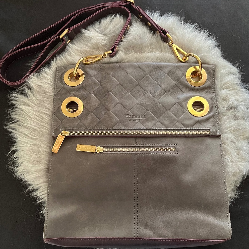 Hammitt Large Reversible Derek Distressed Pewter Purple Leather Crossbody